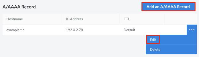 Screenshot of the A/AAA section on the DNS Records page for a domain